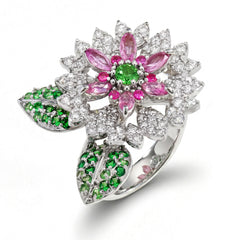 Stambolian Blooming Orchid 18K Gold Pink Sapphire Tsavorite Diamond Ring Front View