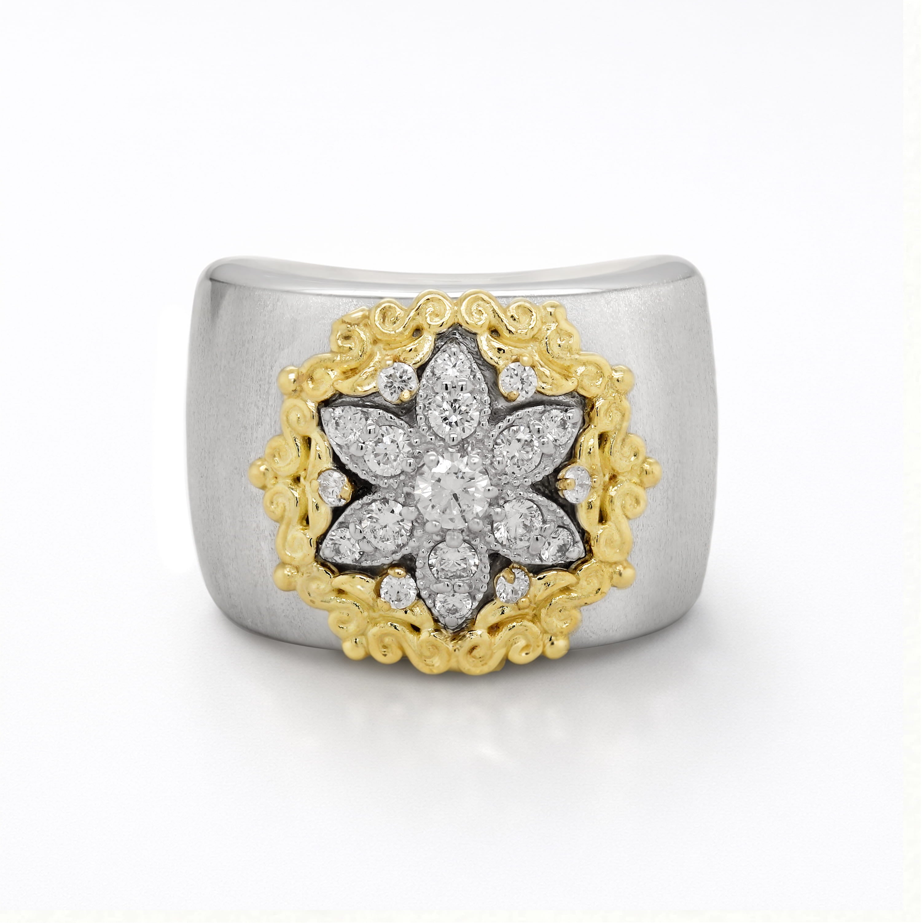 Stambolian Starburst 18K Two-Tone Gold Diamond Floral Cigar Band Ring Front View