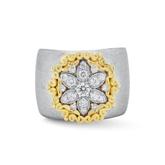 STARBURST 18K TWO TONE GOLD DIAMOND FLOWER WIDE BAND RING