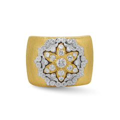 STARBURST 18K GOLD DIAMOND FLOWER WIDE BAND RING