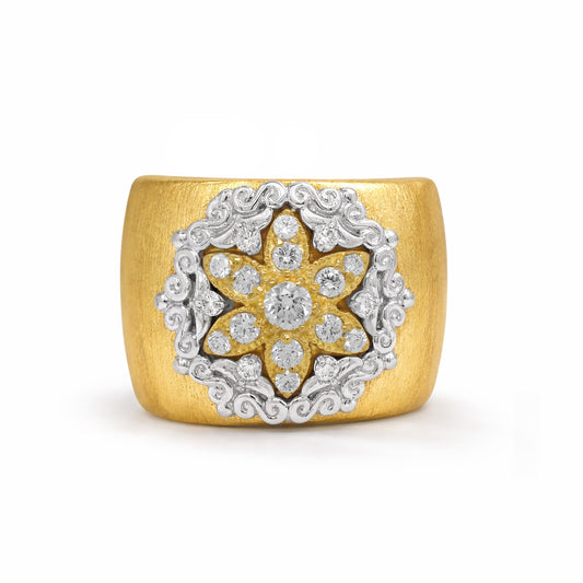 "Starburst" 18K two-tone gold and diamond wide cigar band ring with floral center, front view