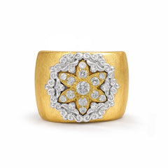 STARBURST 18K GOLD DIAMOND FLOWER WIDE BAND RING