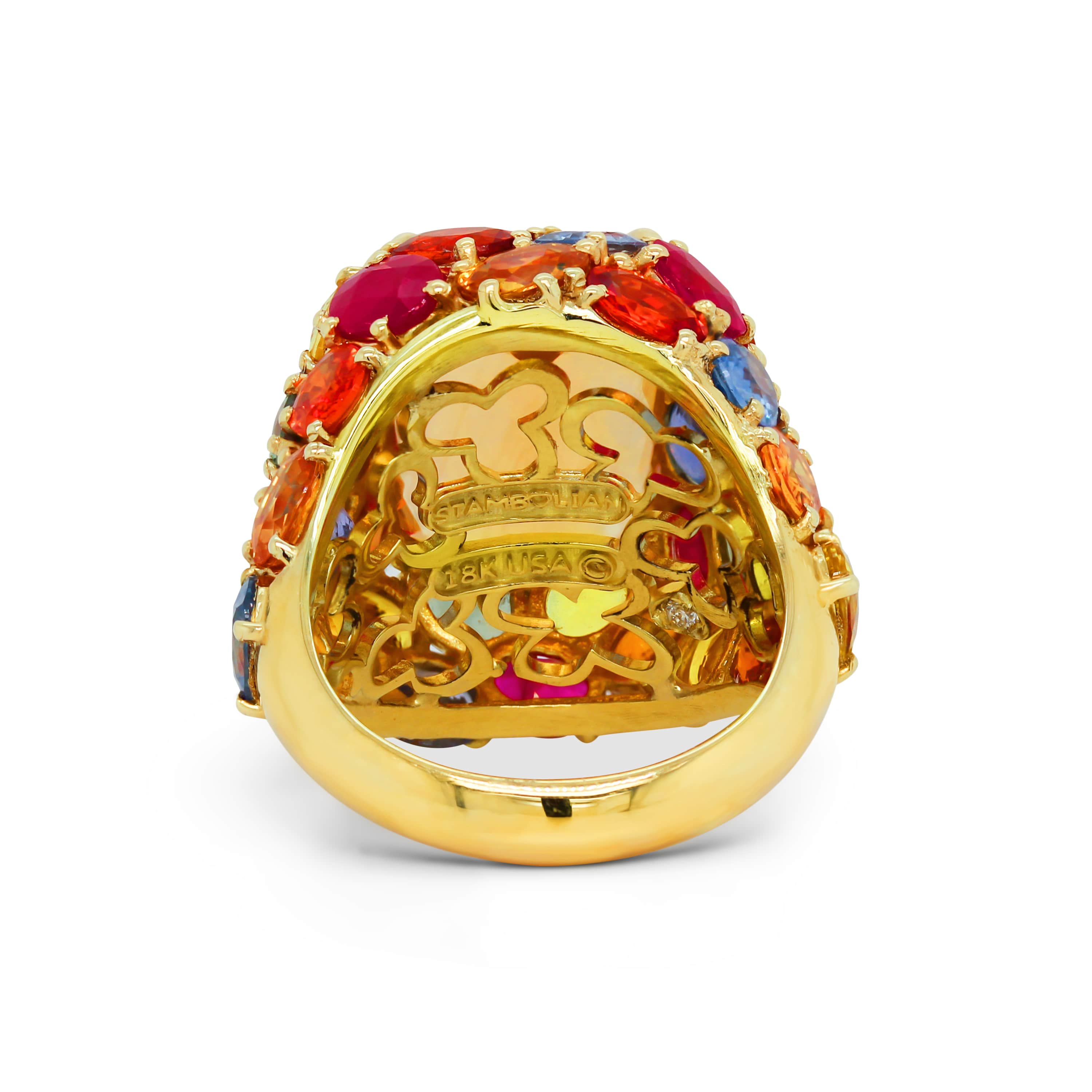 Stambolian 18K Gold Imperial Topaz Ring with Multi-Color Sapphire and Ruby Halo Front View