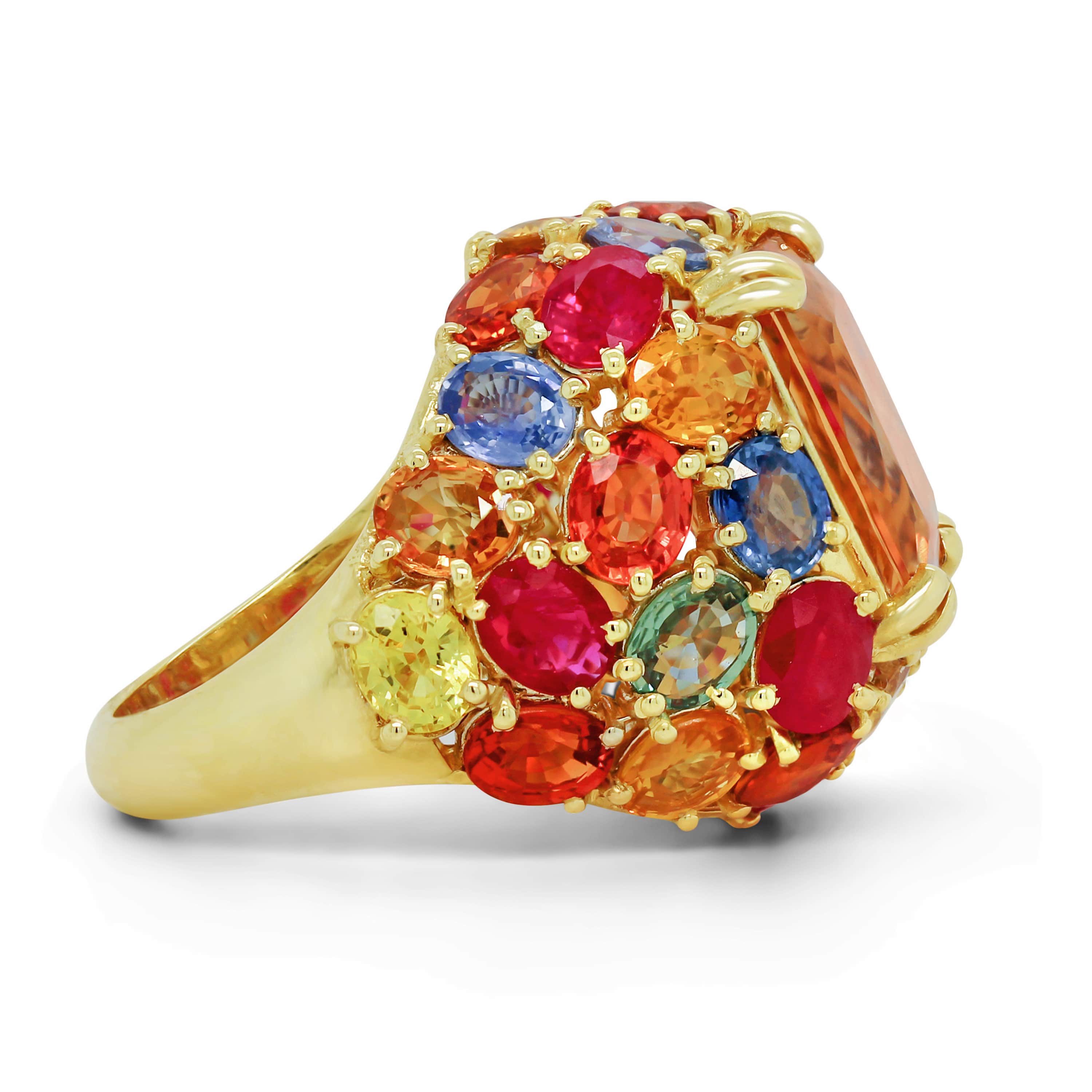 Stambolian 18K Gold Imperial Topaz Ring with Multi-Color Sapphire and Ruby Halo Front View