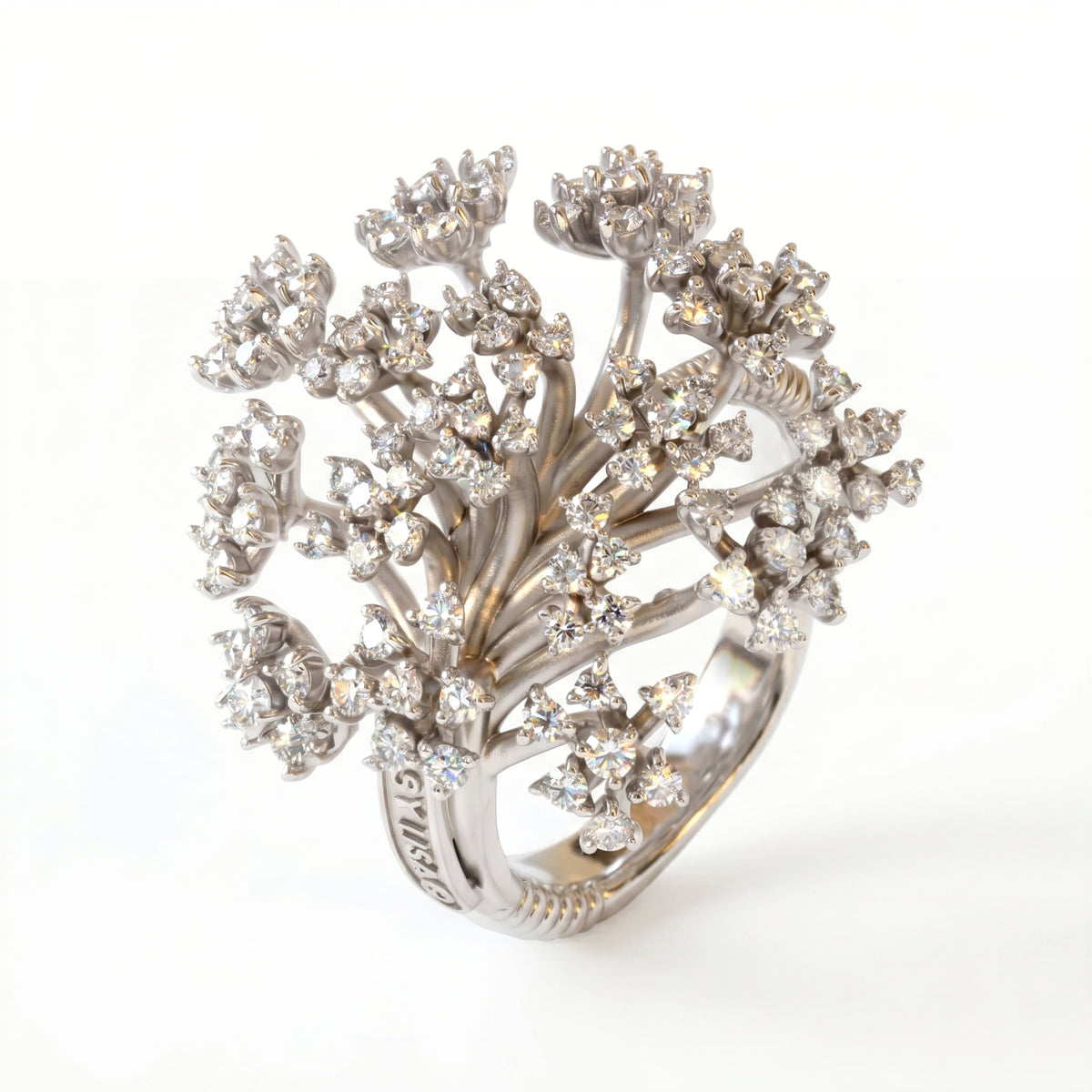 Diamond Fantasies 18K white gold and diamond tree ring with diamond-set branches, angled view