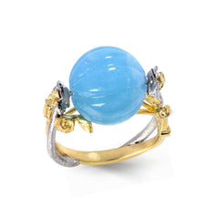 CANDY AQUAMARINE 18K TWO TONE GOLD FLOWER ROSES RING