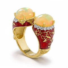 COLORS OF LIFE RED ENAMEL OPALS DIAMONDS RING