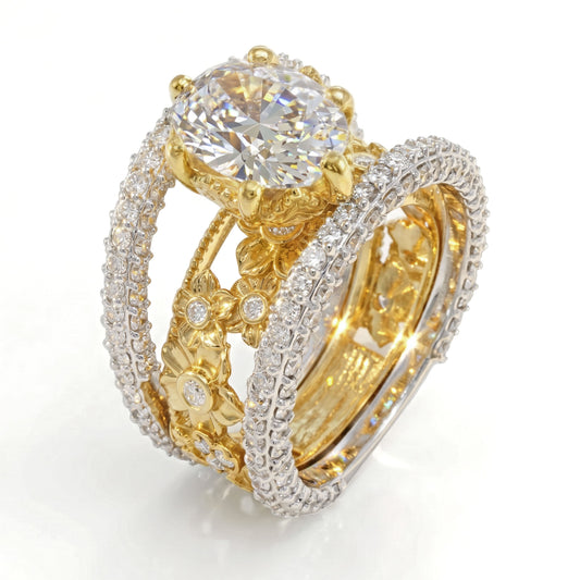 Mayflower oval diamond center ring in 18K tri-color gold with diamond flowers, angled view