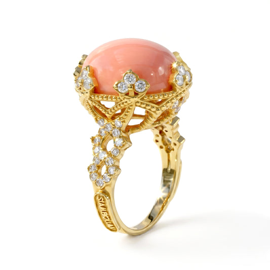 Colors of Passion Peruvian pink opal and diamond ring in 18K gold, angled view