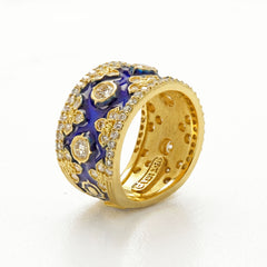 18K Gold Diamond Cobalt Blue Enamel Cigar Band Ring