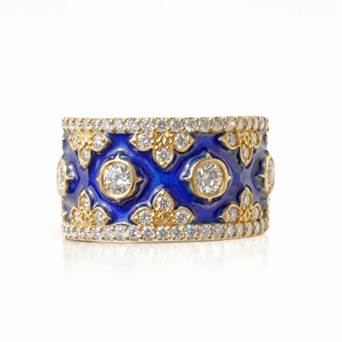 "Colors of Life" cobalt blue enamel and diamond cigar band ring in 18K yellow gold, front view