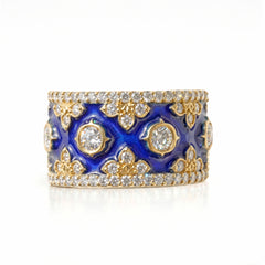 18K Gold Diamond Cobalt Blue Enamel Cigar Band Ring