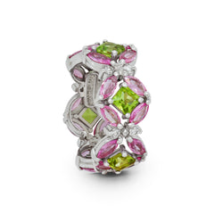PINK SAPPHIRE PERIDOT AND DIAMONDS 18K WHITE GOLD BAND RING