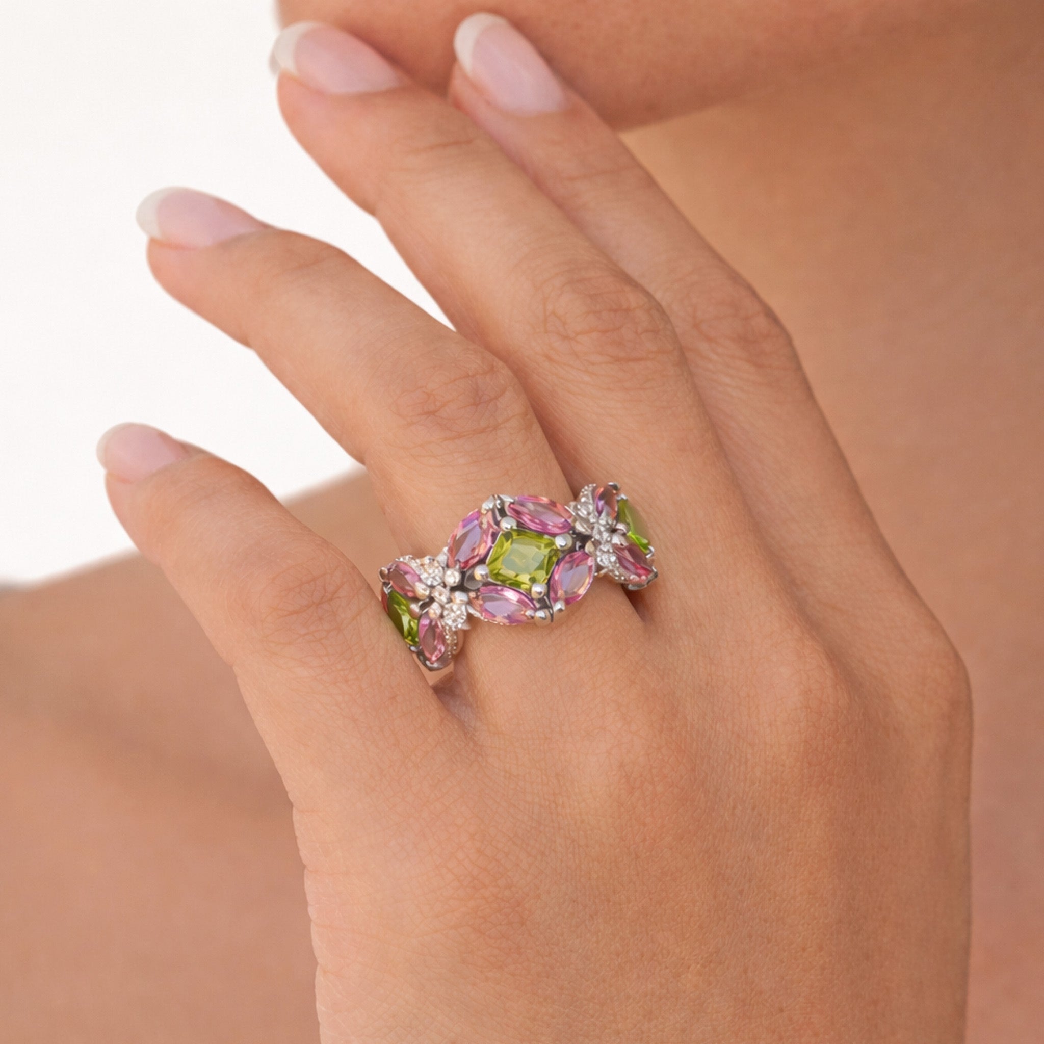 Stambolian 18K White Gold Band Ring with Pink Sapphires Peridot and Diamonds Front View
