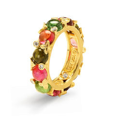 MULTI-COLOR TOURMALINES 18K GOLD AND DIAMOND BAND RING