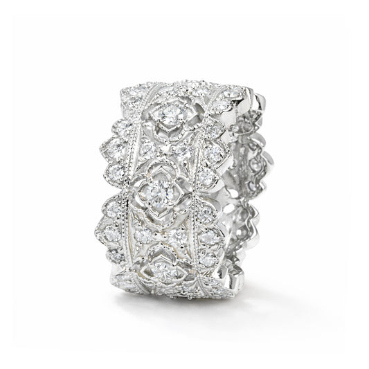 Passion diamond band ring in 18K white gold, angled view of the openwork floral band