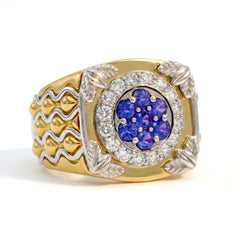 18K Two Tone Gold Blue Sapphire Diamond Men's Ring