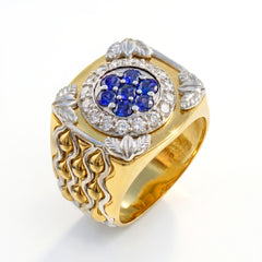 18K Two Tone Gold Blue Sapphire Diamond Men's Ring