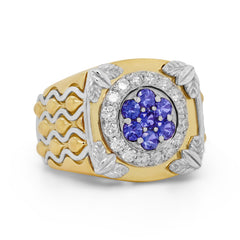 BLUE SAPPHIRE AND DIAMONDS 18K TWO TONE GOLD MENS RING