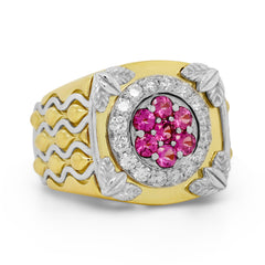 MAGENTA GARNETS AND DIAMONDS 18K TWO TONE GOLD RING