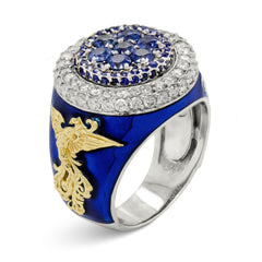 NEVER GIVE UP COBALT BLUE ENAMEL SAPPHIRES DIAMONDS RING