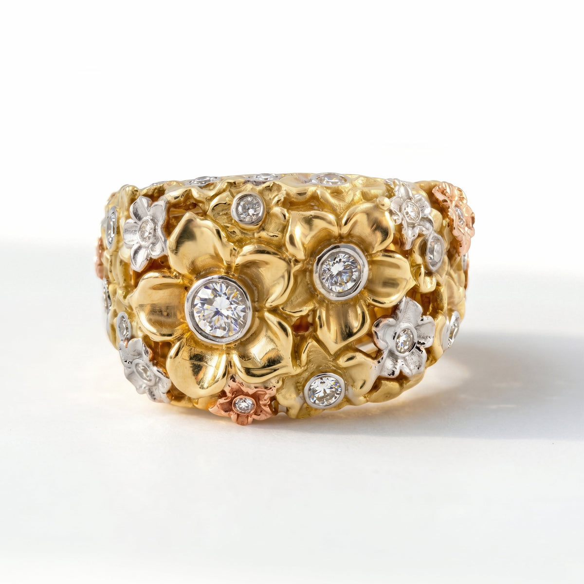 "Mayflower" diamond floral ring in 18K tri-color gold, front view