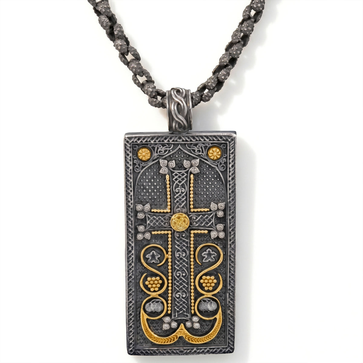 "Beginnings" large Armenian "Khachkar" cross pendant necklace in aged silver and 18K gold, front view