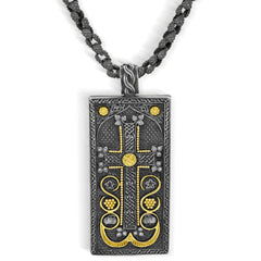 AGED SILVER 18K GOLD DIAMONDS LARGE ARMENIAN CROSS KHACHKAR PENDANT NECKLACE