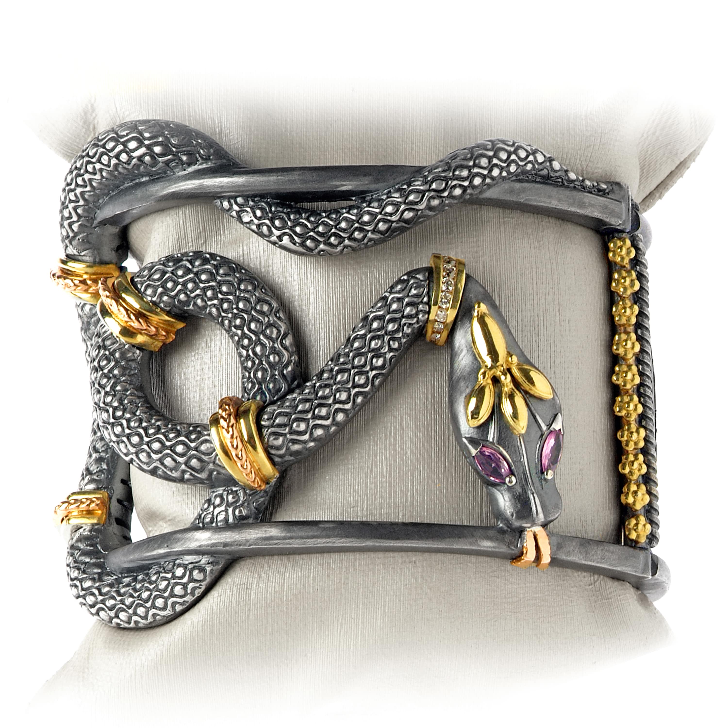 Stambolian Serpentine Aged Silver 18K Gold Cuff Close-Up Showing Serpent Heads with Pink Sapphire Eyes