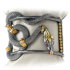 Stambolian Serpentine Aged Silver 18K Gold Cuff Close-Up Showing Serpent Heads with Pink Sapphire Eyes