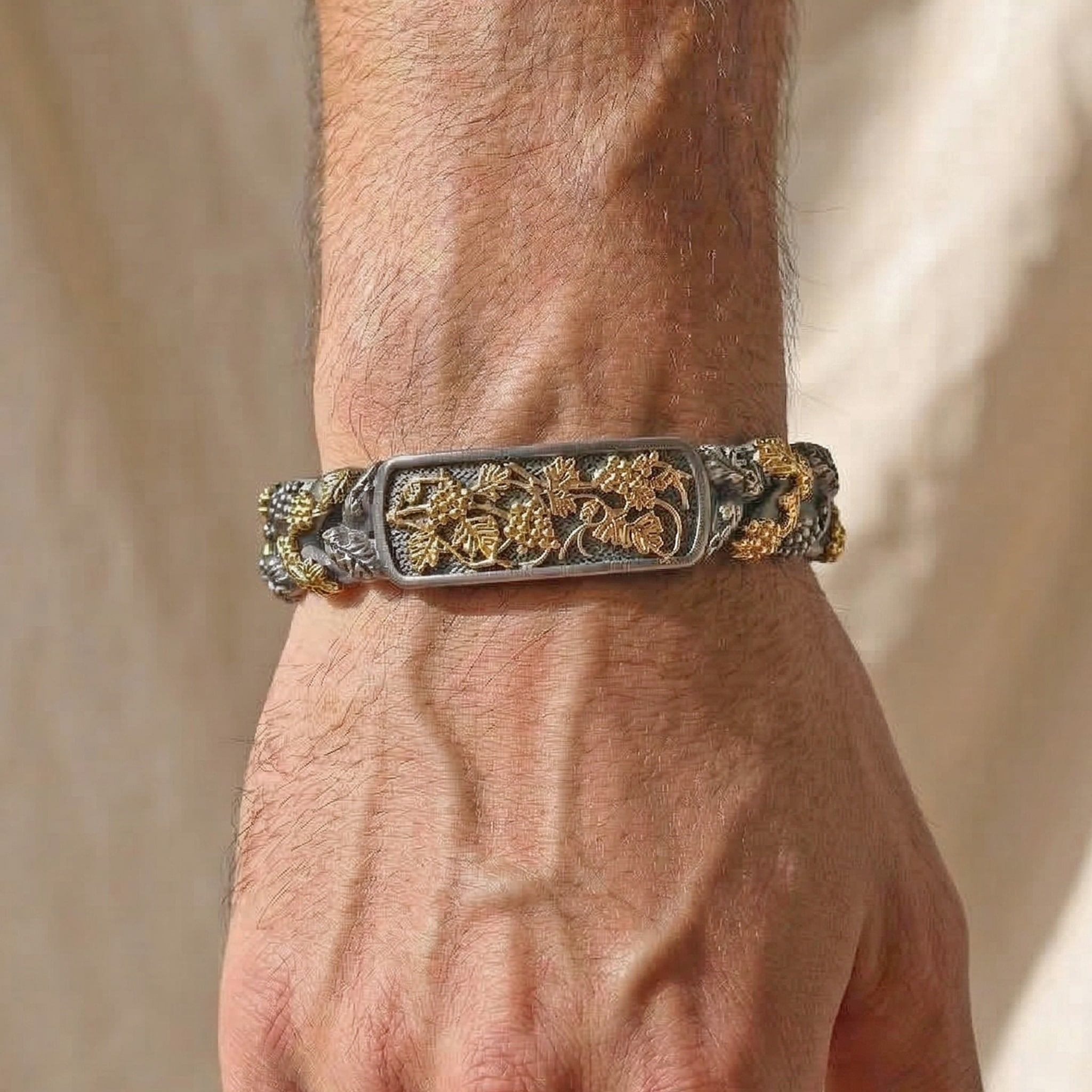 Stambolian Napa Valley Aged Silver and 18K Gold Grape Vine Link Bracelet Full View