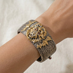 Stambolian Lion Head Aged Silver and 18K Gold Diamond Cuff Bangle Front View