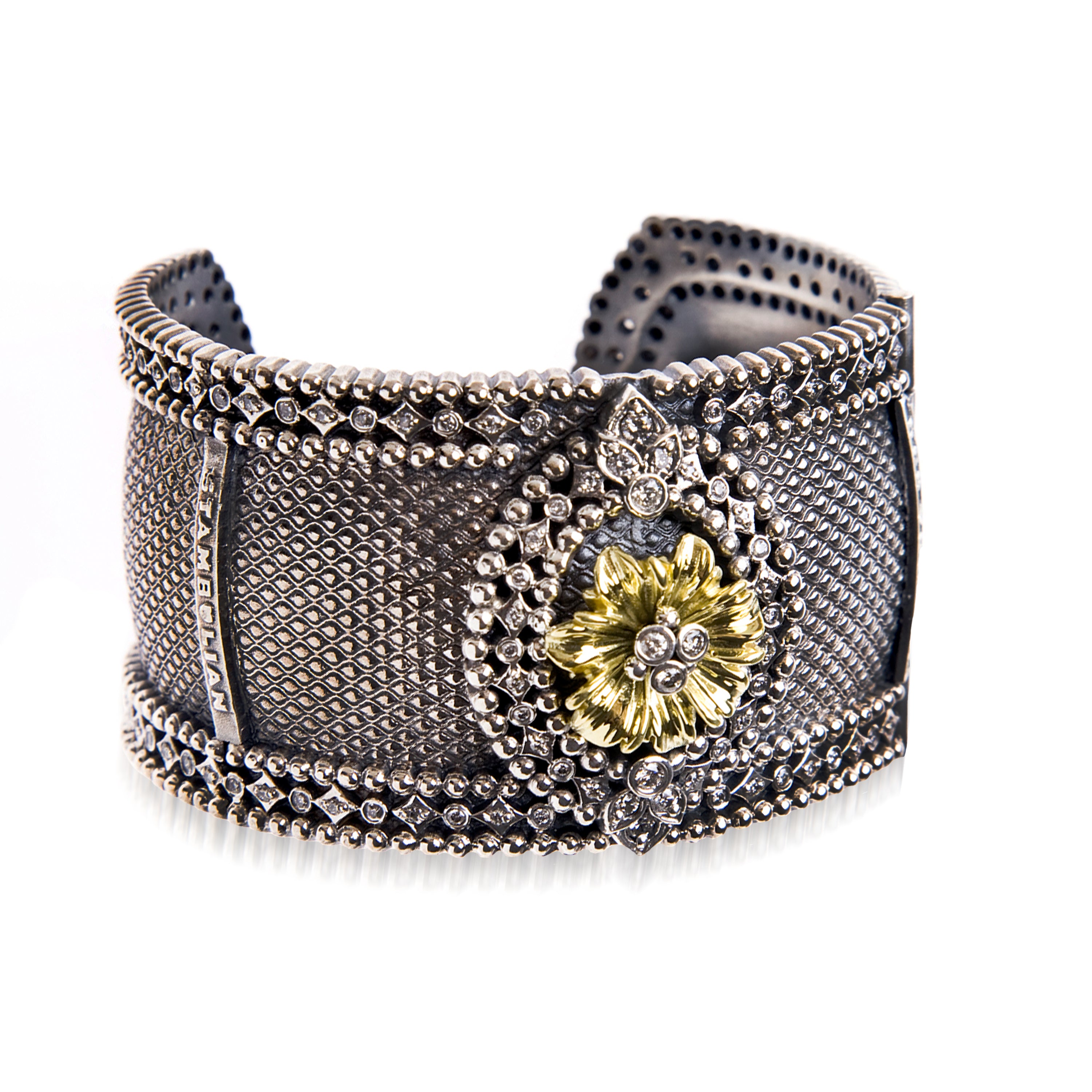 ORGANZA AGED SILVER 18K AND DIAMOND FLORAL CUFF BANGLE - Stambolian | House of Jewels