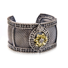ORGANZA AGED SILVER 18K AND DIAMOND FLORAL CUFF BANGLE - Stambolian | House of Jewels