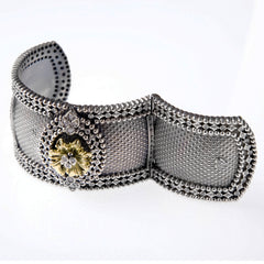 ORGANZA AGED SILVER 18K AND DIAMOND FLORAL CUFF BANGLE - Stambolian | House of Jewels