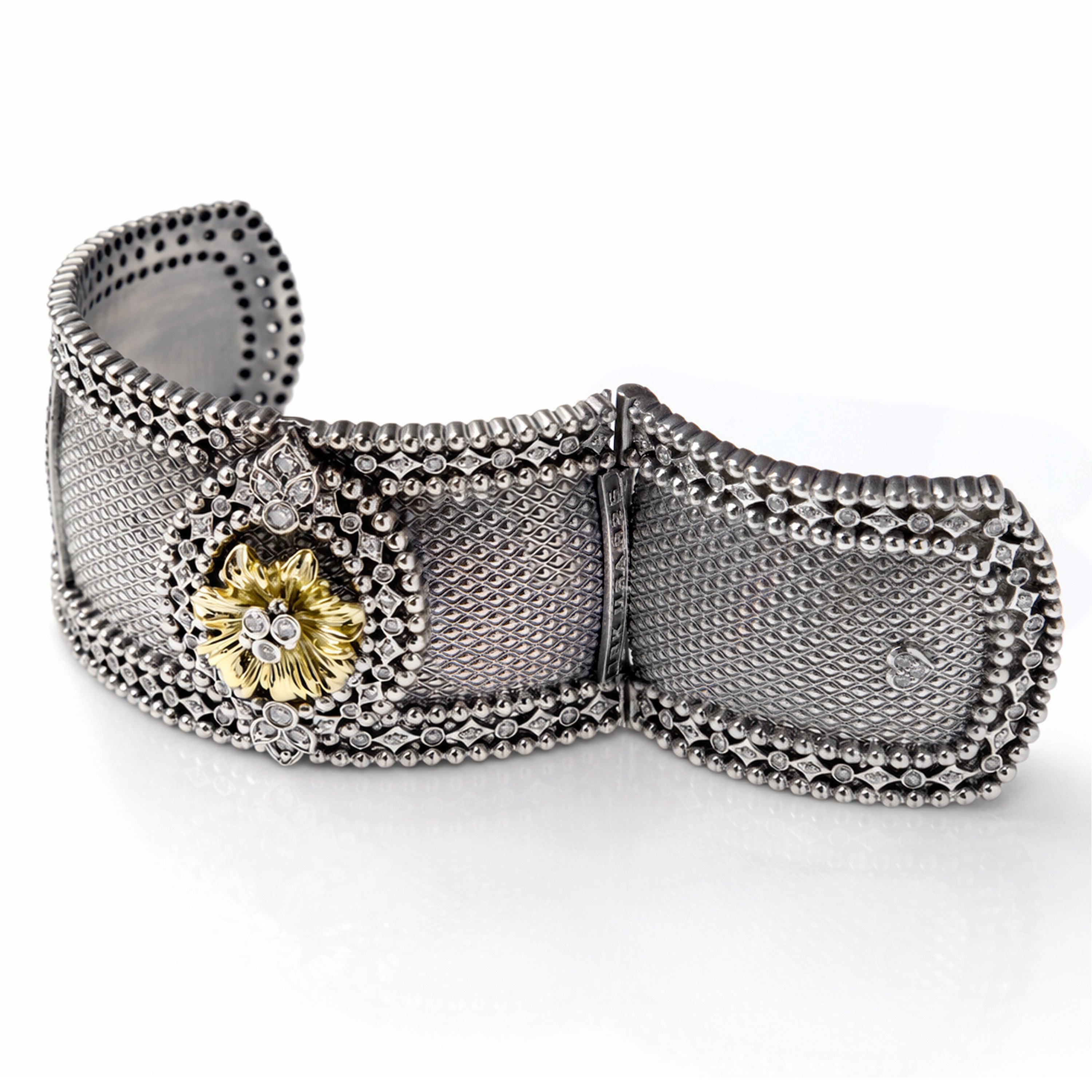 Stambolian Organza Aged Silver and 18K Gold Diamond Floral Cuff Close-Up Studio View