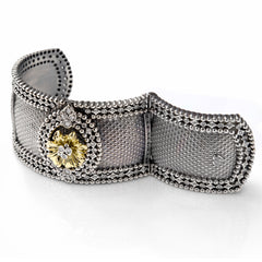 Stambolian Organza Aged Silver and 18K Gold Diamond Floral Cuff Close-Up Studio View