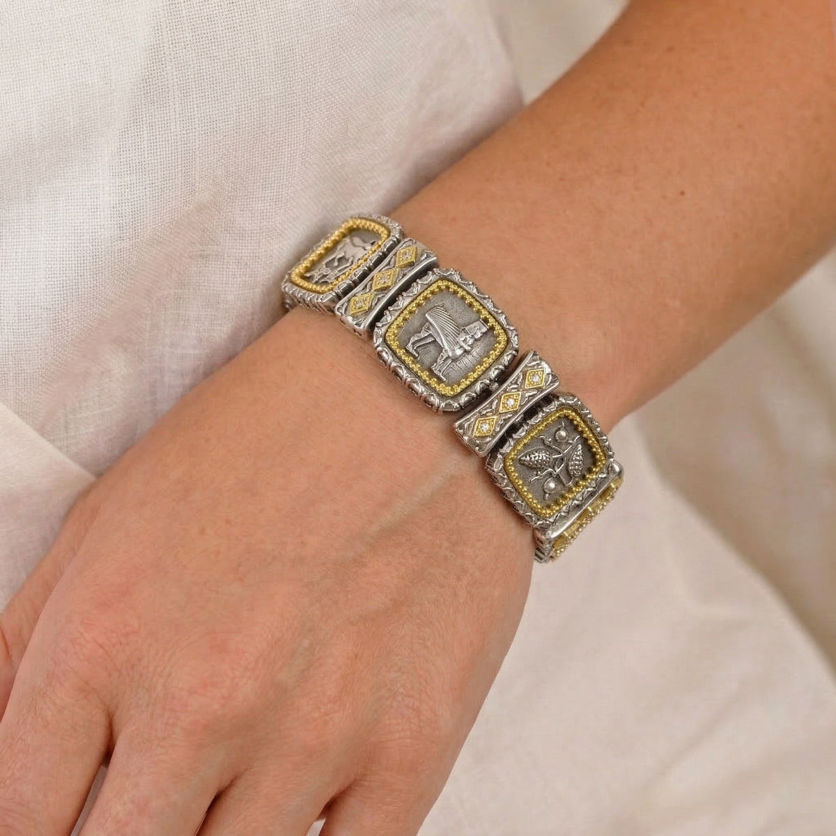 Erebuni aged silver and 18K gold diamond bracelet, worn on the wrist