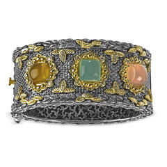 HAYASTAN ARMENIA AGED SILVER 18K GOLD CHALCEDONY CUFF BANGLE