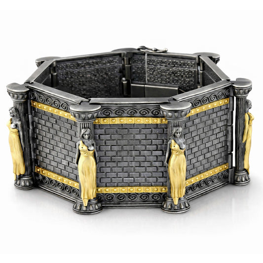 "Acropolis" aged silver and 18K gold bracelet with gold caryatid figures and columns, front view