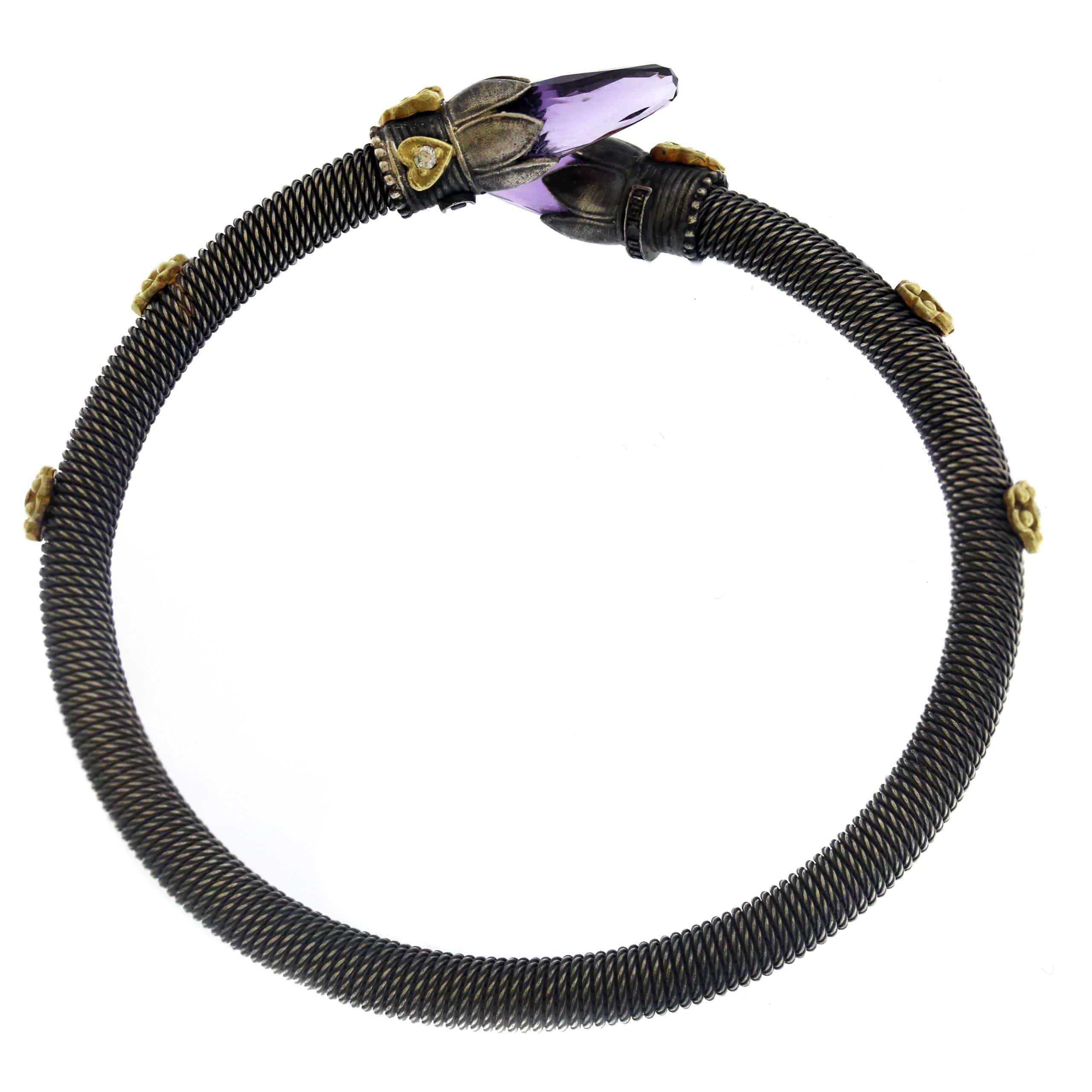 AGED SILVER 18K GOLD DIAMOND AMETHYST CROSSOVER BRACELET - Stambolian | House of Jewels