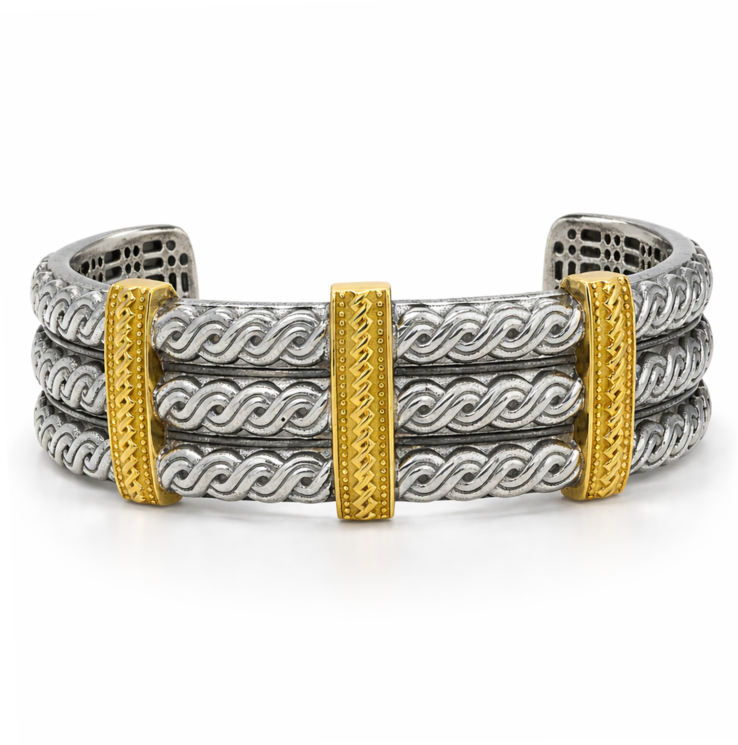 Stambolian Aged Silver 18K Gold Golfers Cuff Bangle Front View with Triple Gold Bands