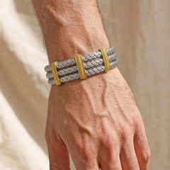 Model Wearing Stambolian Beginnings Golfers Cuff Bangle Showing Scale on Wrist
