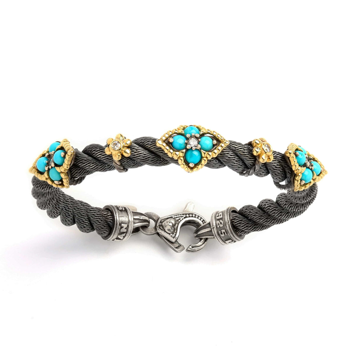 "Beginnings" cable bracelet in aged silver and 18K gold with Sleeping Beauty turquoise, shown with clasp