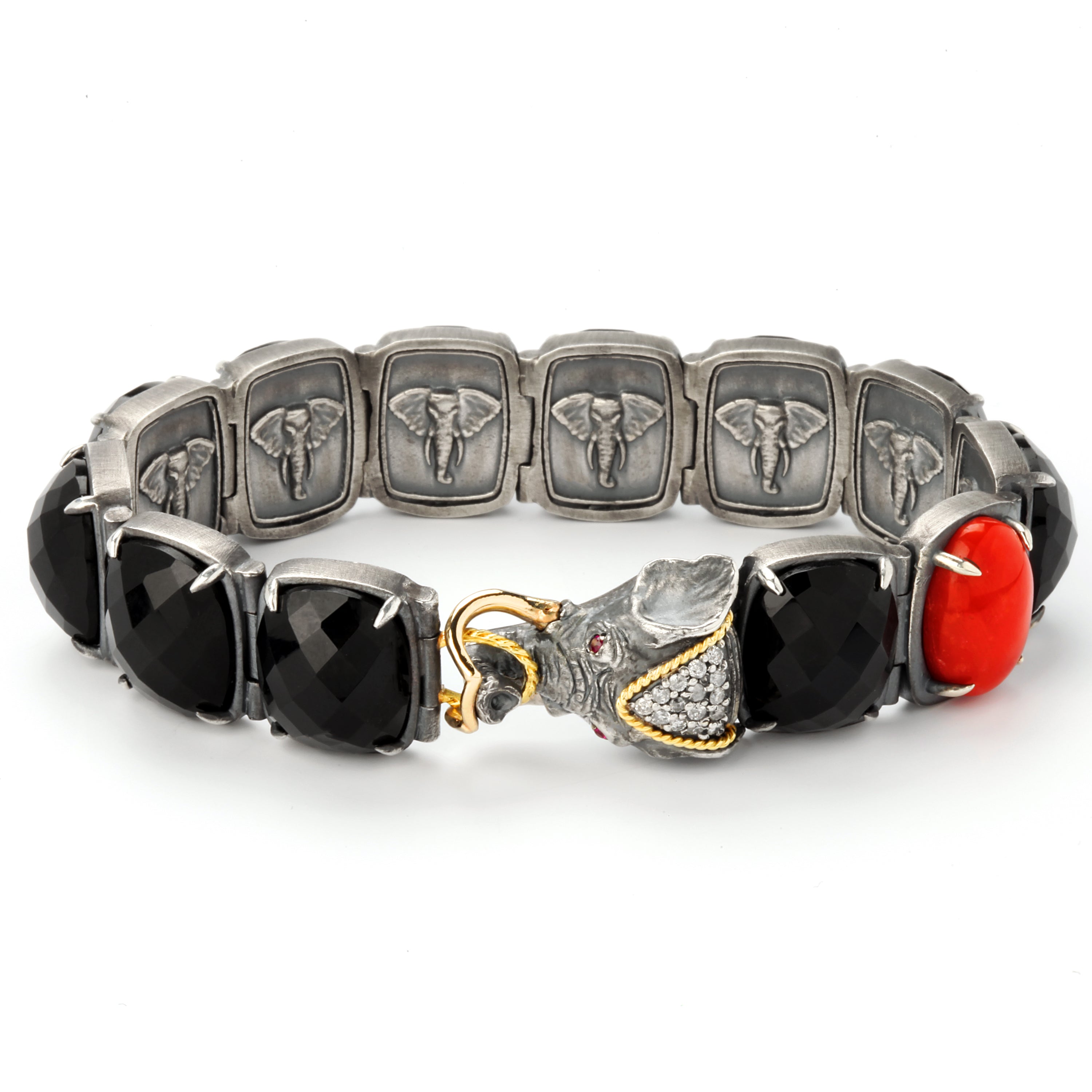 ELEPHANT AGED SILVER 18K GOLD ONYX CORAL UNISEX BRACELET - Stambolian | House of Jewels