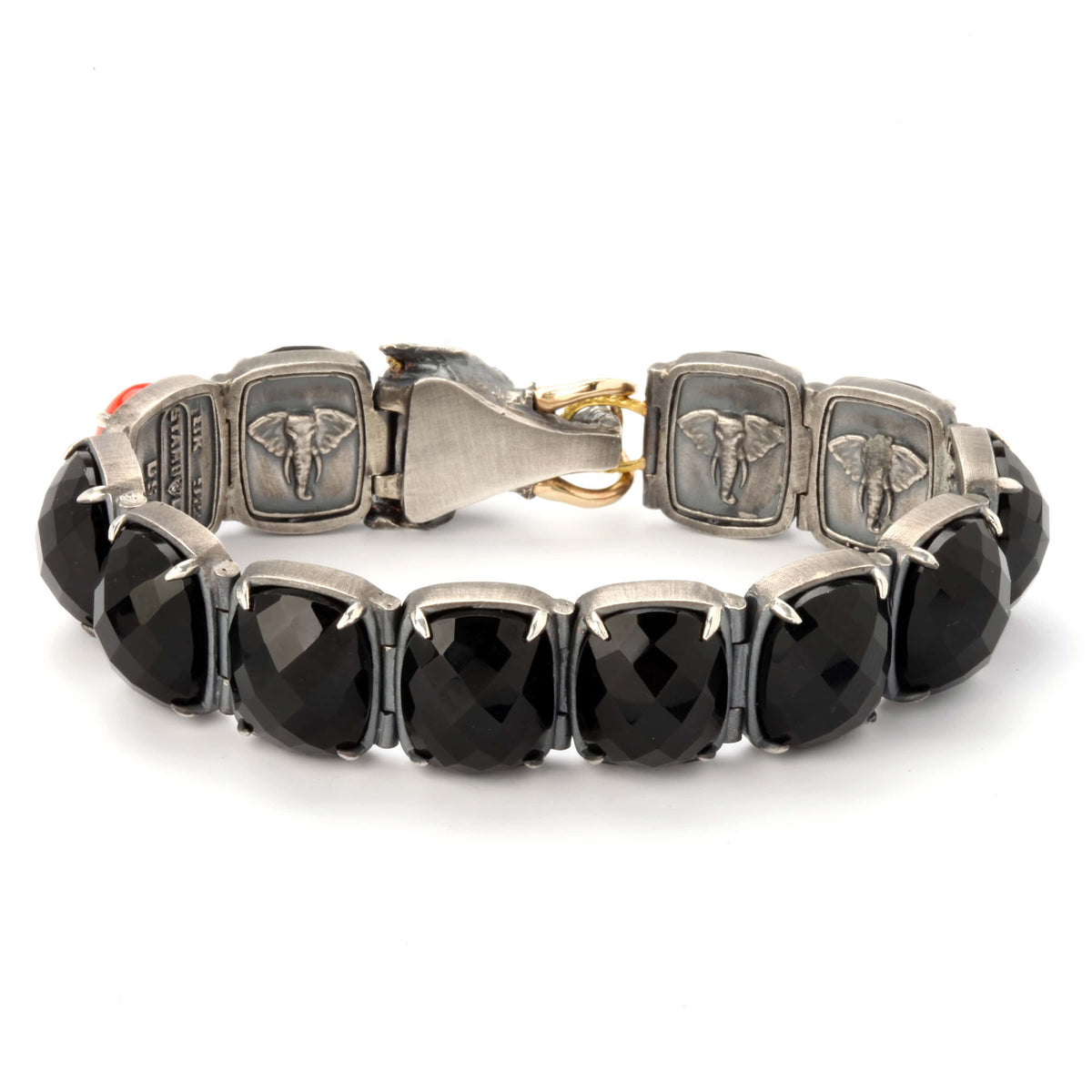 Elephant Head bracelet in aged silver and 18K gold with faceted onyx links, back view of the clasp