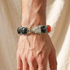 Stambolian Elephant Head Aged Silver 18K Gold Bracelet with Onyx and Coral Beads