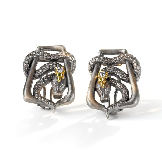 "Serpentine" snake earrings in aged silver and 18K gold with a diamond, pair shown together