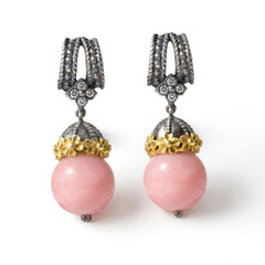 Aged Silver & 18K Gold Pink Opal Diamond Drop Earrings