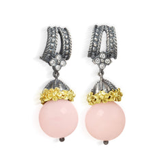 AGED SILVER 18K GOLD DIAMOND PINK OPAL DROP EARRINGS